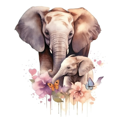 Watercolor painting of an elephant with flowers and butterflies isolated on white backgroundの素材