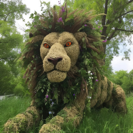 Lion made of grass and flowers in the forest. 3d renderの素材