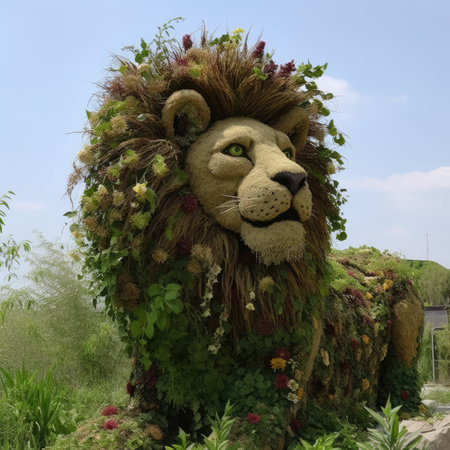 Lion made of flowers and plants in a park. Animal theme.の素材