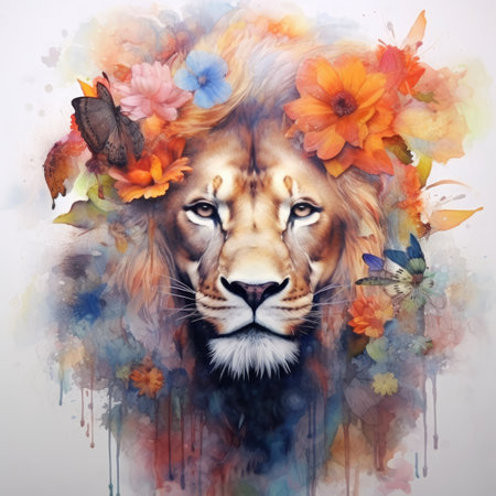 Lion with flower wreath. Digital watercolor painting on canvas.の素材