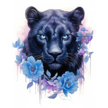 Black panther with blue flowers. Hand drawn watercolor illustration.の素材