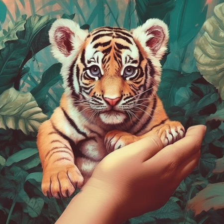 Tiger cub in the hands of a child. Digital painting.の素材