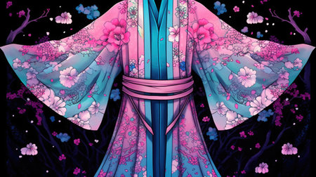 Fantasy illustration of a Japanese kimono with floral pattern.の素材