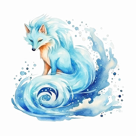 Watercolor fox on the wave. Hand drawn watercolor illustration.の素材