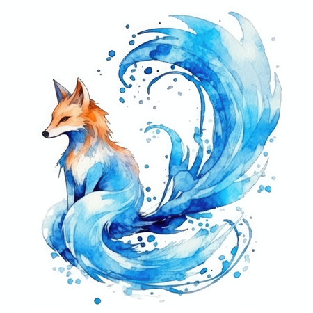 Watercolor fox on a wave. Hand drawn illustration isolated on white backgroundの素材