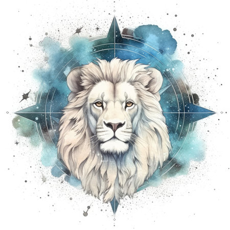 Watercolor illustration of a lion head with a compass and stars.の素材