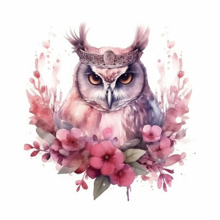 Watercolor owl with flowers. Hand drawn illustration isolated on white backgroundの素材