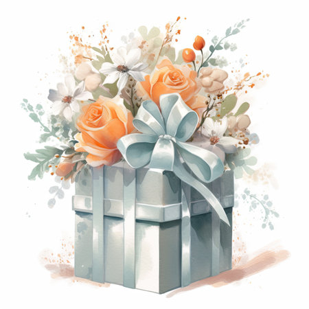Gift box with flowers. Watercolor illustration isolated on white backgroundの素材