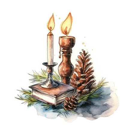 Burning candle in candlestick, books and pine cones. Hand drawn watercolor illustration isolated on white backgroundの素材