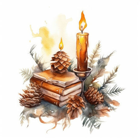 Watercolor Christmas composition with candle, book and pine cones. Hand drawn illustrationの素材