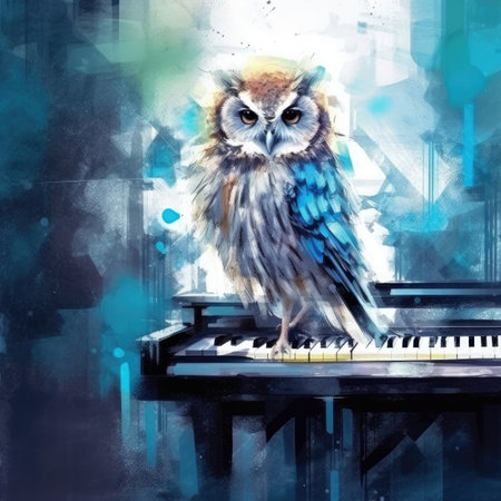 Digital painting of an owl sitting on a piano keyboard in the city.の素材