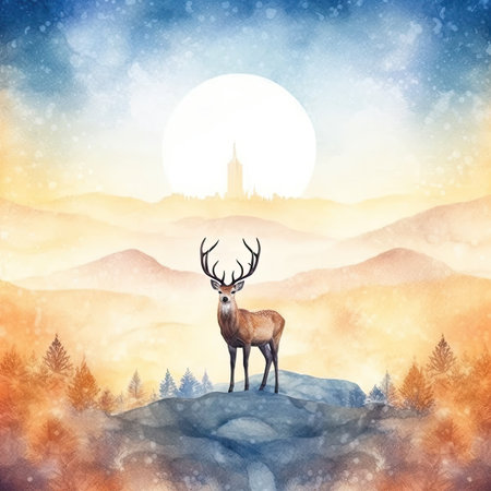 Deer in the mountains. Digital watercolor painting. Christmas card.の素材