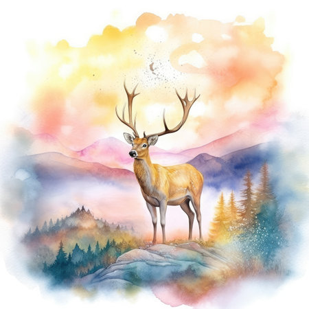 Watercolor deer in the mountains. Watercolor illustration for your designの素材