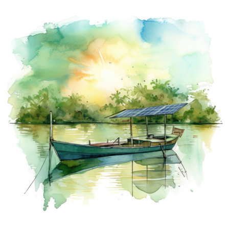 Watercolor illustration of a boat and solar panels on the water.の素材