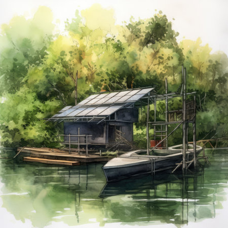 Watercolor painting of bamboo raft and solar panel on the river.の素材