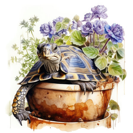 Watercolor illustration of a tortoise in a pot with flowers.の素材