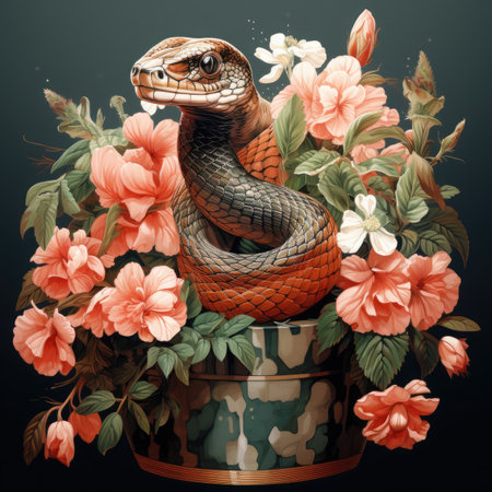 Tropical snake in vase with hibiscus flowersの素材