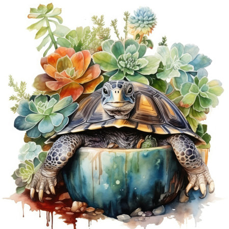 Watercolor illustration of a turtle in a pot with succulents.の素材