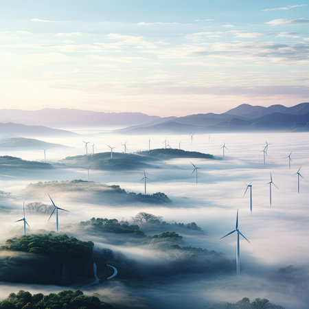 Beautiful landscape with wind turbines in the mist. 3d renderingの素材