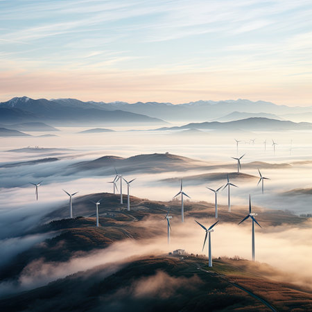 Beautiful landscape with windmills on the foggy hills.の素材