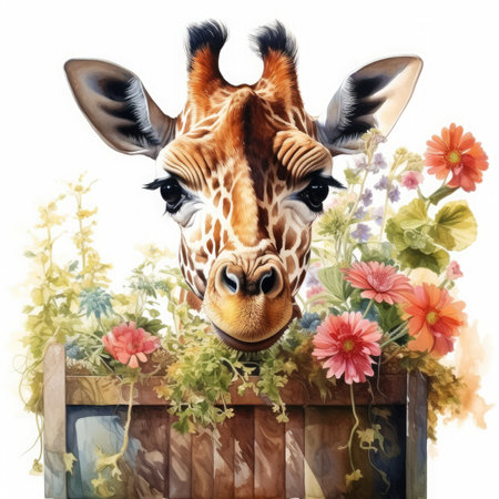 Giraffe with flowers isolated on white background. Watercolor paintingの素材
