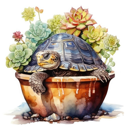 Watercolor illustration of a turtle in a pot with succulentsの素材