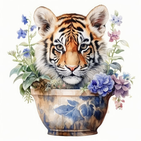 Watercolor portrait of a tiger in a vase with flowers.の素材