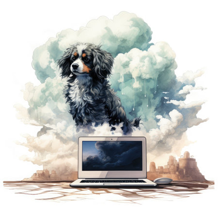 Cartoon image of a dog with a laptop on the background of cloudsの素材
