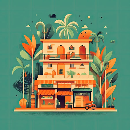Vector illustration of a supermarket building in flat design style with fruits and vegetables.の素材