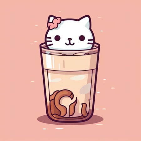Cute cartoon cat drinking coffee in a glass. Vector illustration.の素材