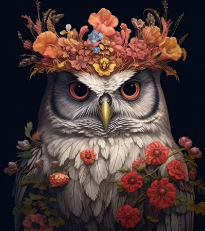 Portrait of a beautiful owl with a wreath of flowers.の素材