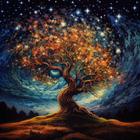 Fantasy landscape with old tree and starry sky. Illustrationの素材