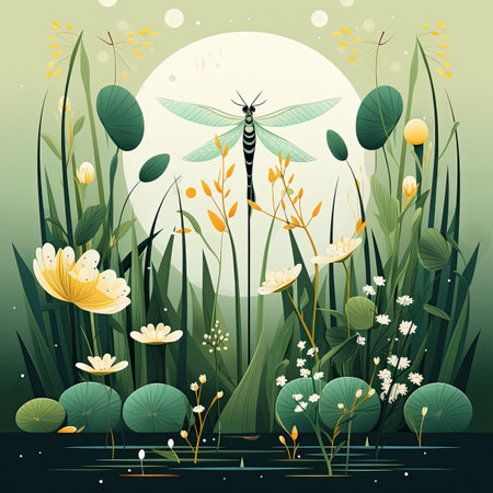 Dragonfly in the meadow. Vector illustration in flat style.の素材