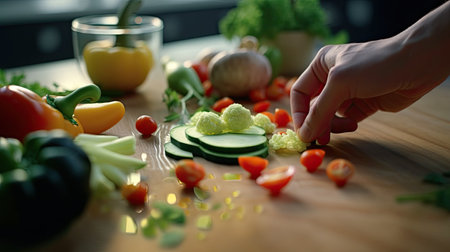 Closeup on human hands cutting vegetables in kitchen. Healthy eating, vegetarian and dieting conceptの素材