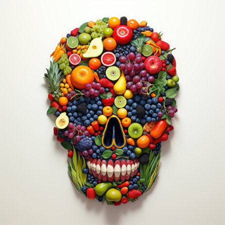 Funny face made of fresh fruits and vegetables, concept of healthy foodの素材