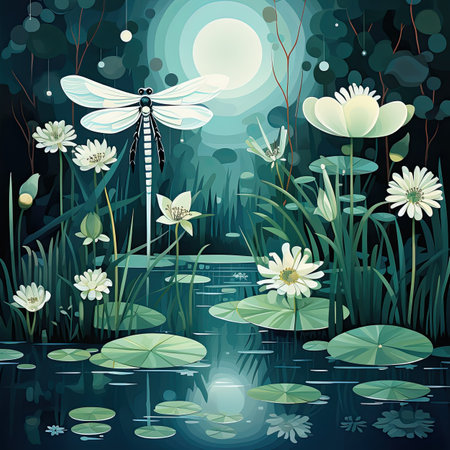 Dragonfly on the pond in the forest at night. Vector illustration.の素材
