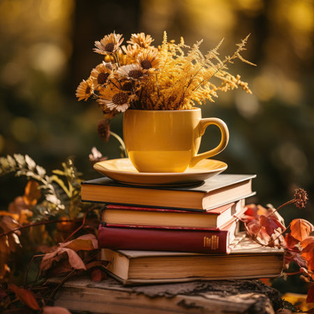 Yellow cup with dry flowers and books on a background of autumn leaves.の素材