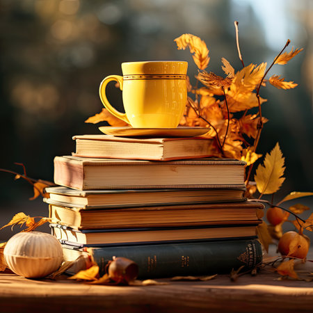 Cup of coffee and books with autumn leaves on a wooden tableの素材