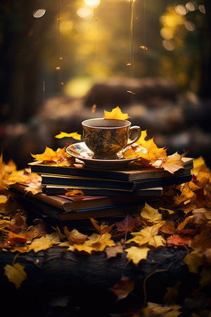 Cup of tea with autumn leaves and books on dark background.の素材