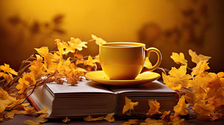 Cup of coffee and book with autumn leaves on yellow background.の素材