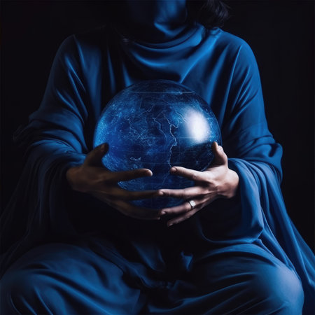 Woman in blue robe holding a crystal ball on a black background.の素材
