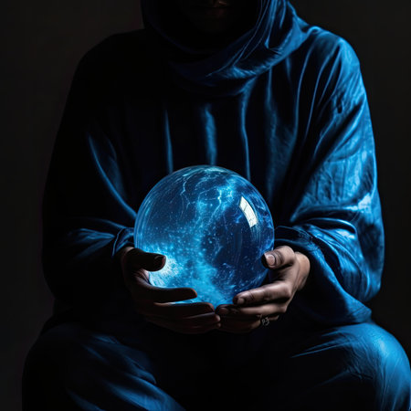 Man holding a crystal ball with glowing planet earth on black background.の素材