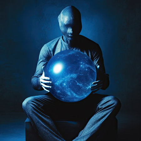 Man holding a glowing earth globe in his hands on dark blue backgroundの素材