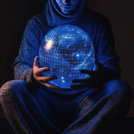 Man in hoodie and blue hoodie sitting on dark background and holding globe with glowing world map.の素材