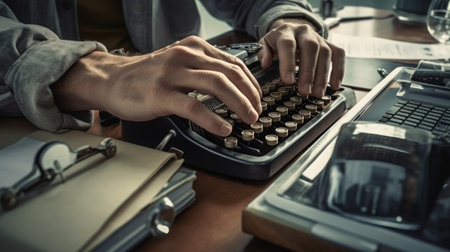 Hands typing on vintage typewriter. Businessman working at office desk.の素材