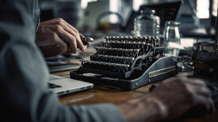 Businessman writing on typewriter in office,selective focus.の素材