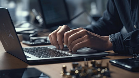 Close up of businessman working on laptop computer at office desk. Male hands typing on keyboard.の素材