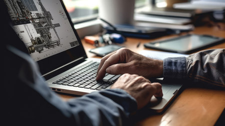Businessman working on laptop in office. Close up of male hands typing on laptop keyboard.の素材