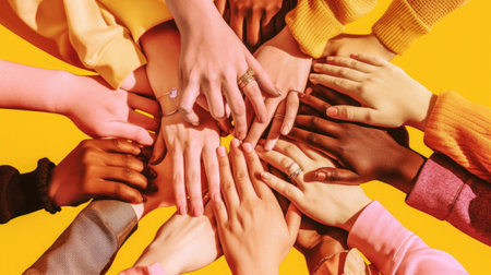 Group of young people holding hands together on yellow background, closeupの素材