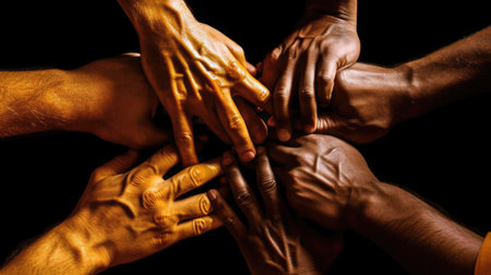 Close-up of hands of diverse people joining hands against black backgroundの素材
